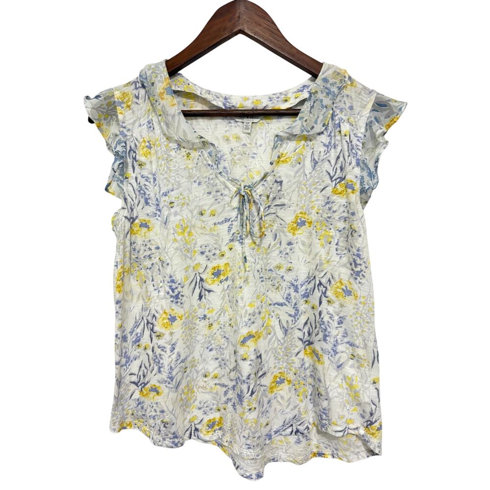 Lucky Brand Floral Ruffle Sleeve Top Small Boho Tie Neck Cotton Modal Blouse